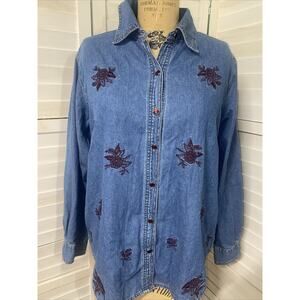 VTG 80s Mesa HSN Blue Denim Jean L/S Cotton Button Up Shirt Embroidered Large